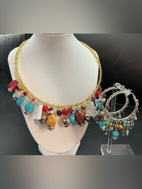 CHARMING CHARLIE FAUX TURQUOISE MULTI COLOR BEADED NECKLACE HOOP EARRING SET NWT